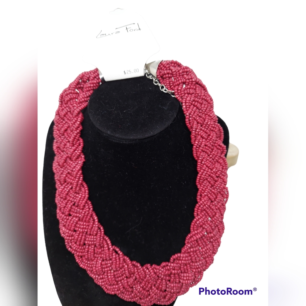 Laura Ford Criss-cross Collar Beaded Necklace Wine/Burgundy NWT